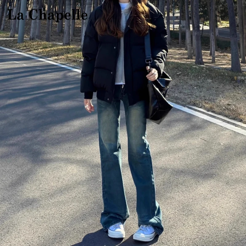 拉夏贝尔复古窄版直筒牛仔裤秋装女款爆款2025新款高腰百搭阔腿裤