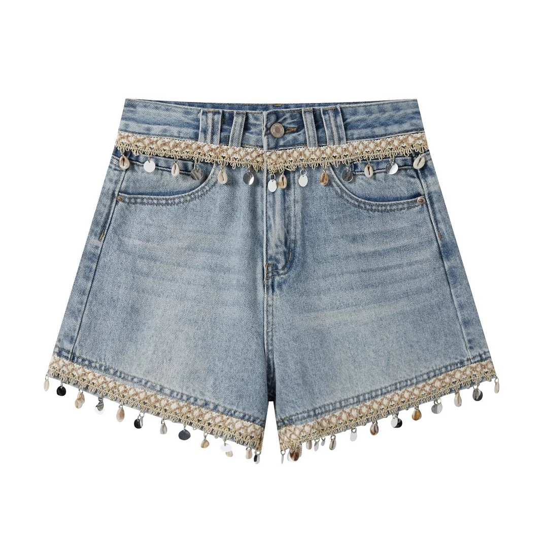 羊城故事-浅蓝色贝壳织带高腰牛仔短裤a字显瘦休闲裤7210-5