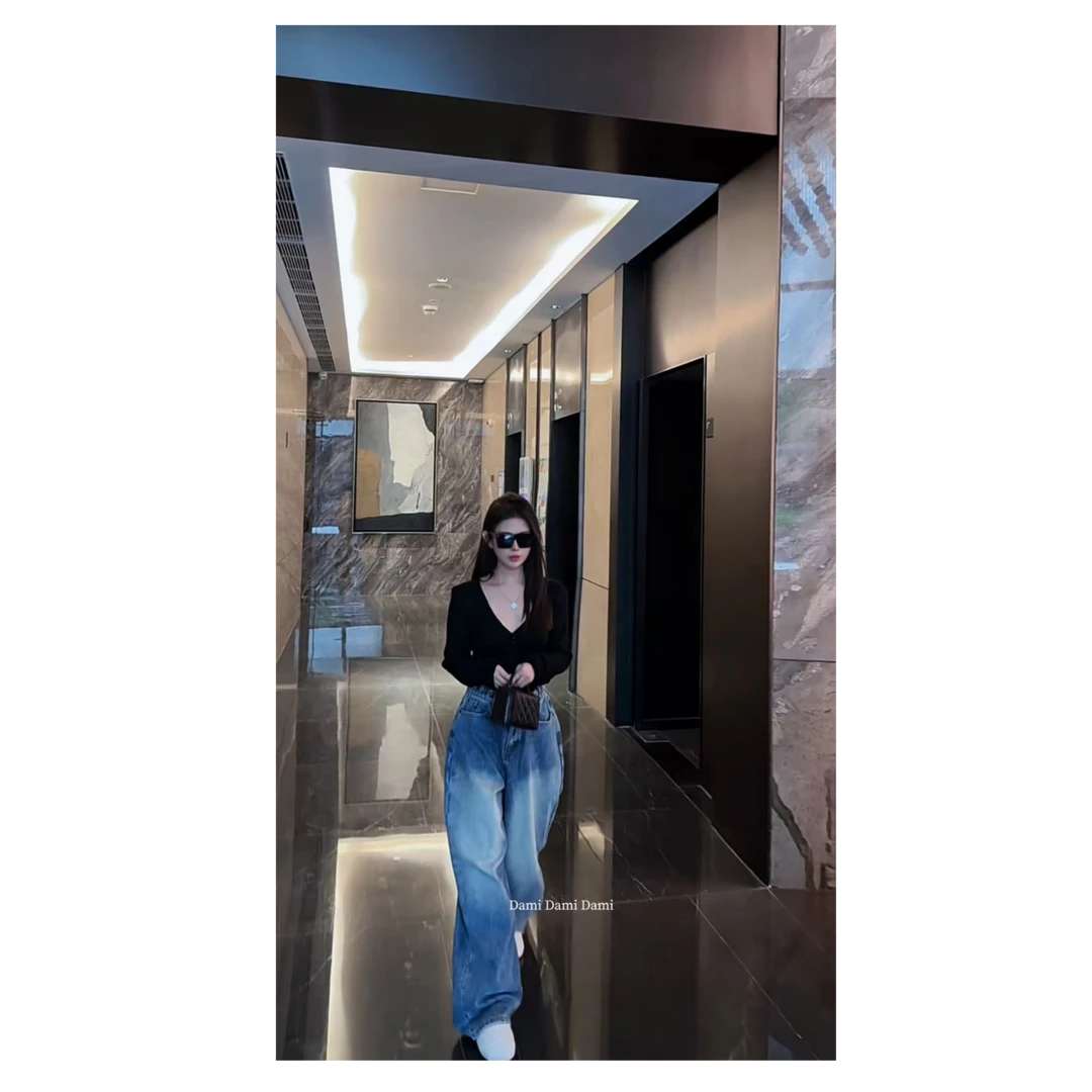 Dami休闲长裤秋冬季水洗ins松紧腰牛仔裤小众百搭复古常规阔腿裤