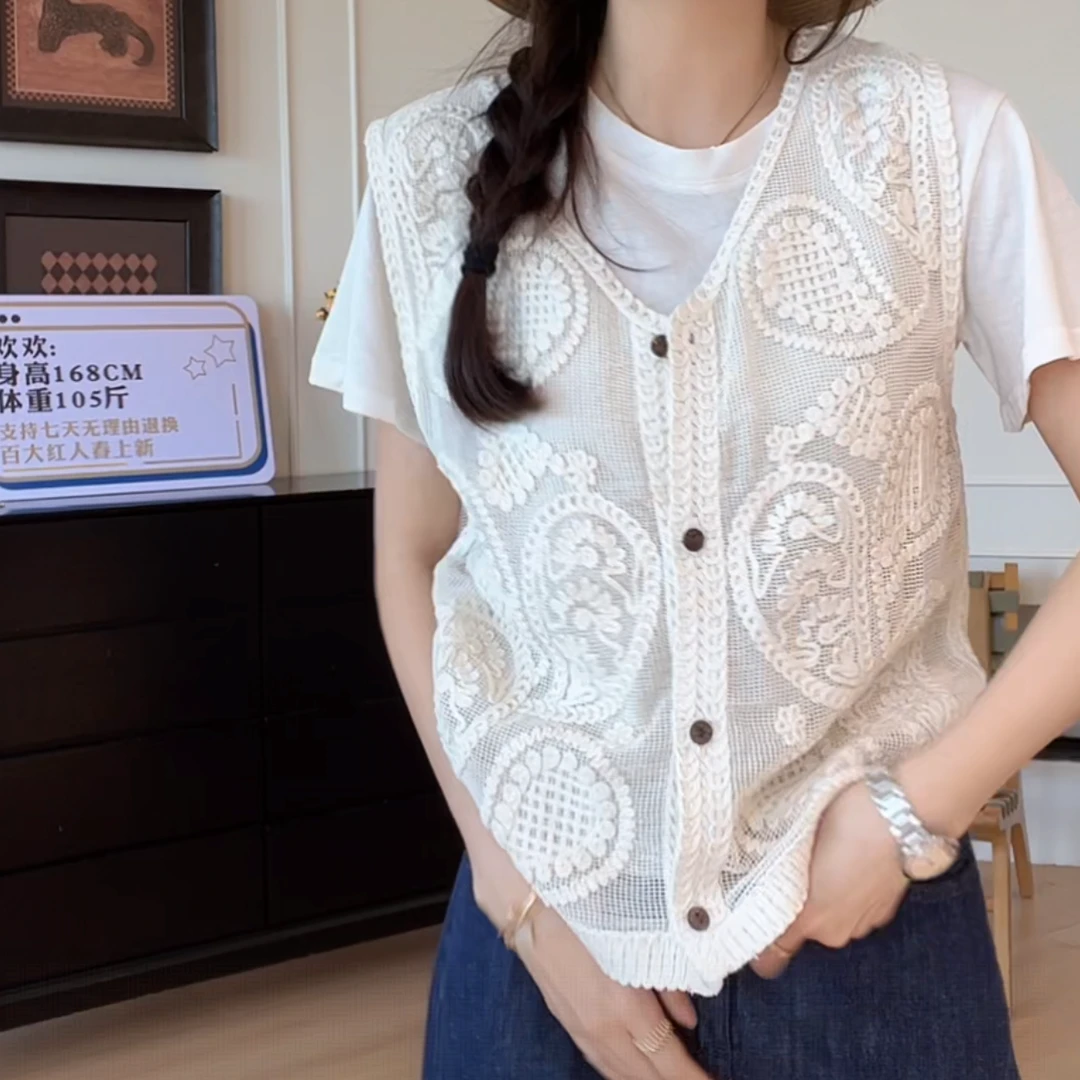 2025夏季休闲重工提花百搭T恤加马夹真两件上衣休闲短袖Tns