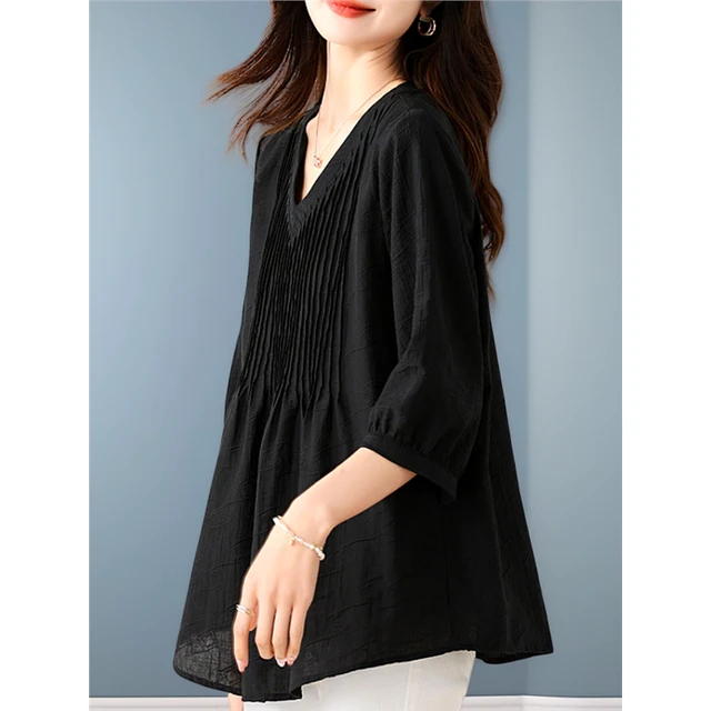 九月陌墨七分袖黑色t恤女夏新款塔克褶气质V领小衫高级遮肚子上衣