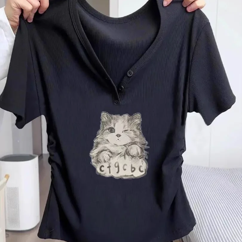 2025新款夏季印花半袖修身纯欲V领减龄紧身显瘦上衣短袖t恤女