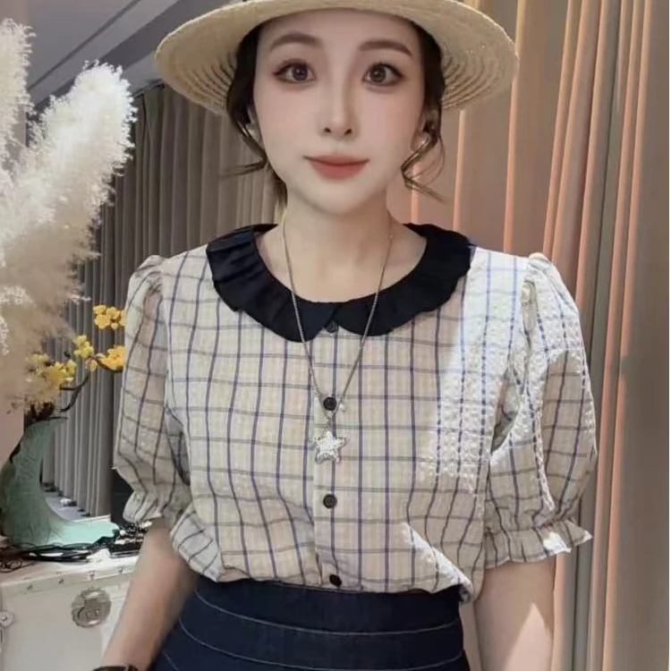 韩系花边领拼色格子短袖衬衫女夏新款感洋气减龄泡泡袖上衣12182