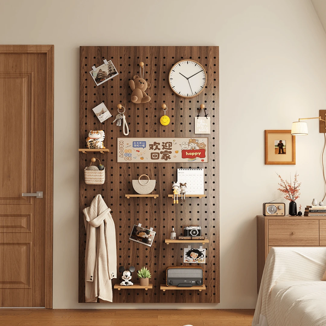 实木洞洞板置物架复古造型墙入户玄关收纳架中古风墙上展示架客厅