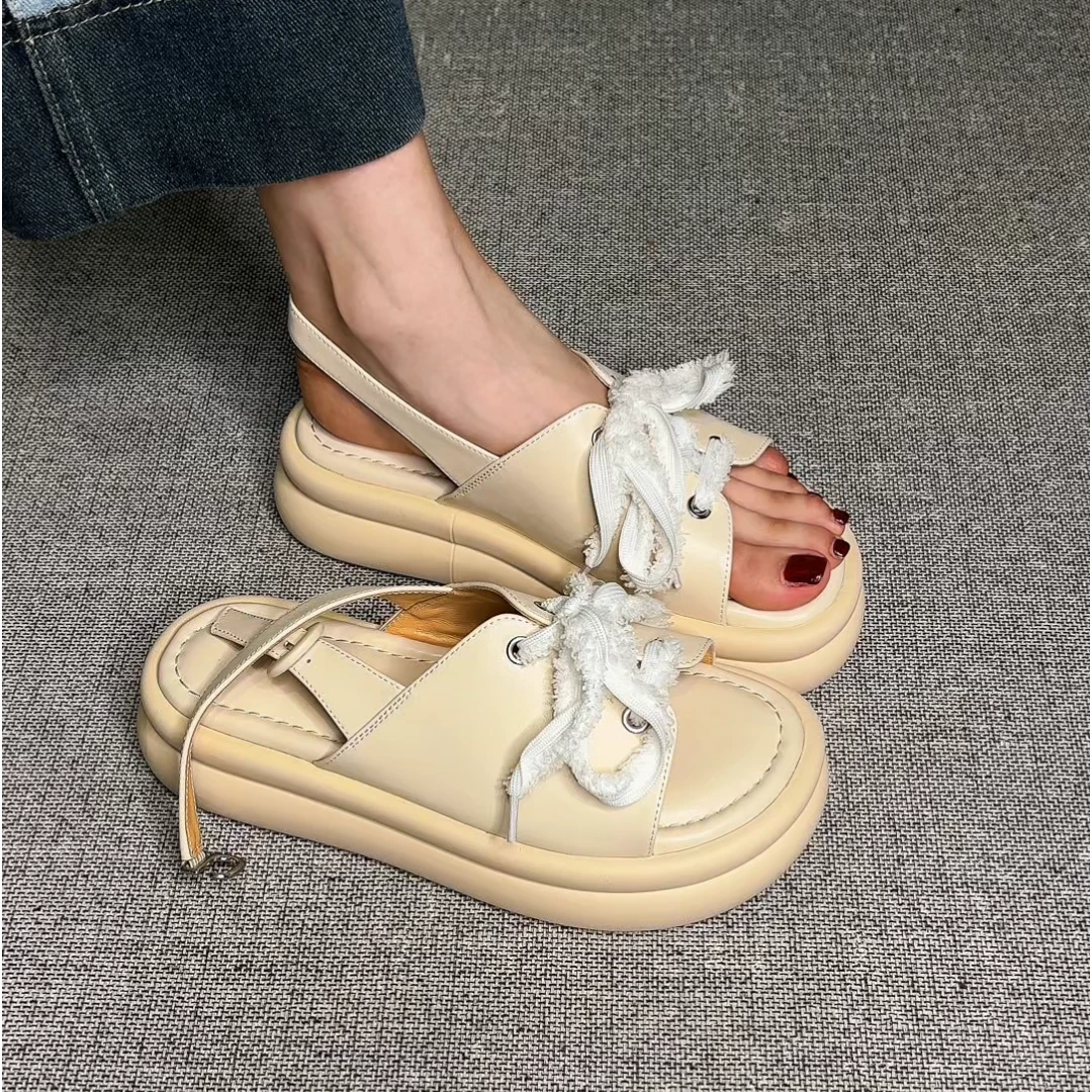 700休闲时尚百搭4.5cm厚底绑带露趾凉鞋女2025新款通勤后空凉鞋女