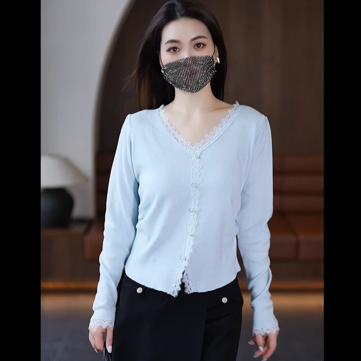 春秋法时尚式温柔风甜美V领蕾丝边针织衫收腰显瘦内搭长袖薄毛衣