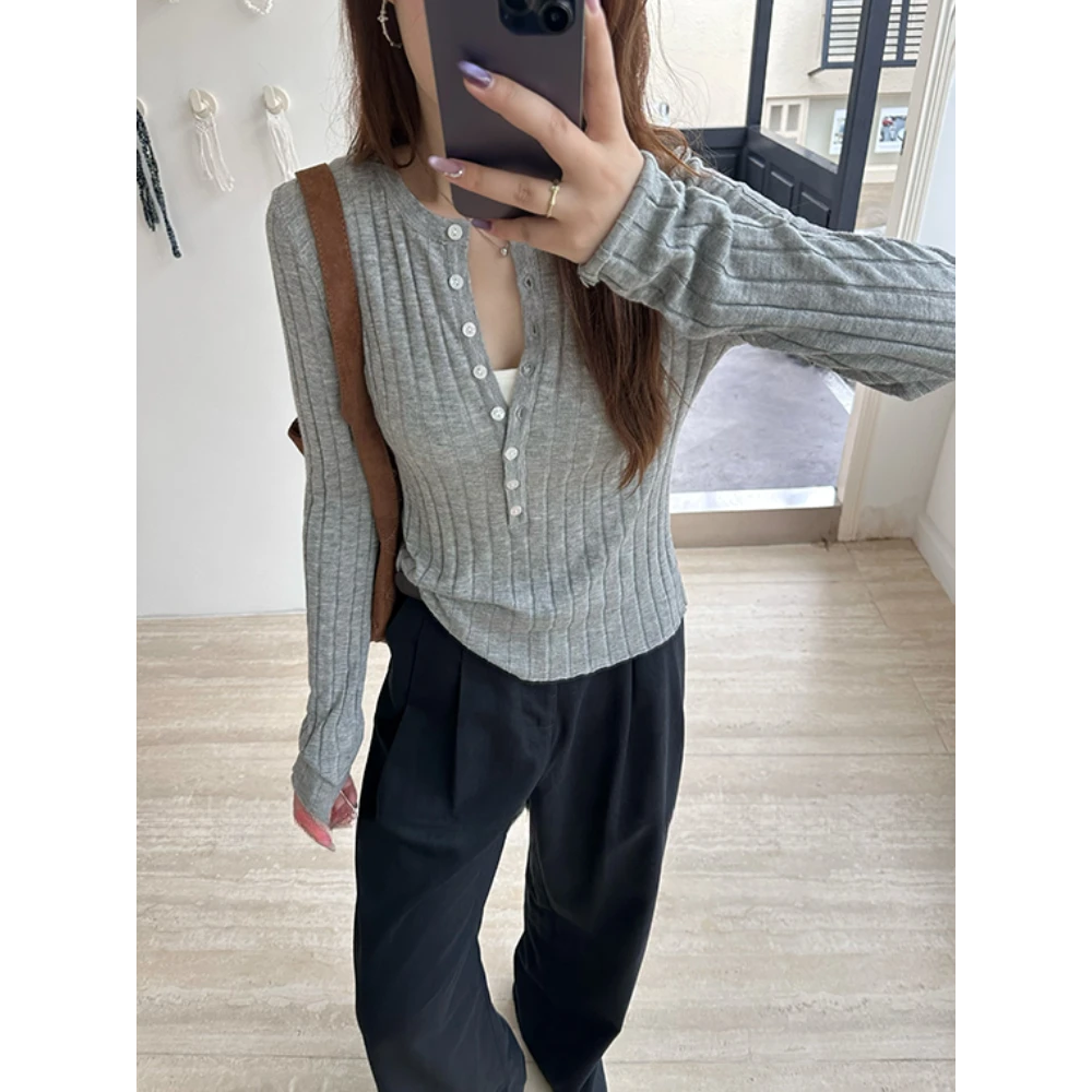 真心舒服！藏青色亨利领长袖毛衣女2025秋季修身内搭针织打底上衣