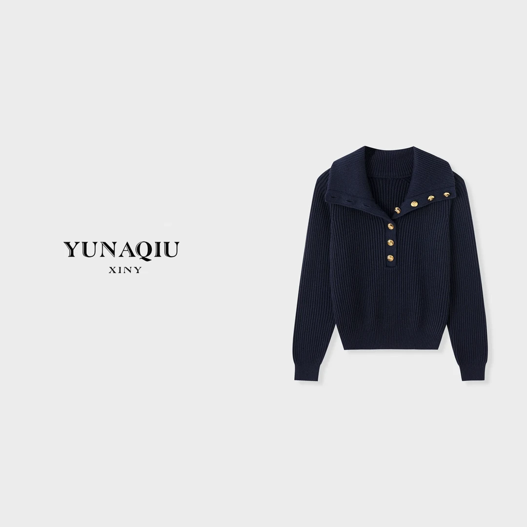 YUNAQIU-长袖时尚百搭连帽设计师圆领翻领套头针织衫-8580