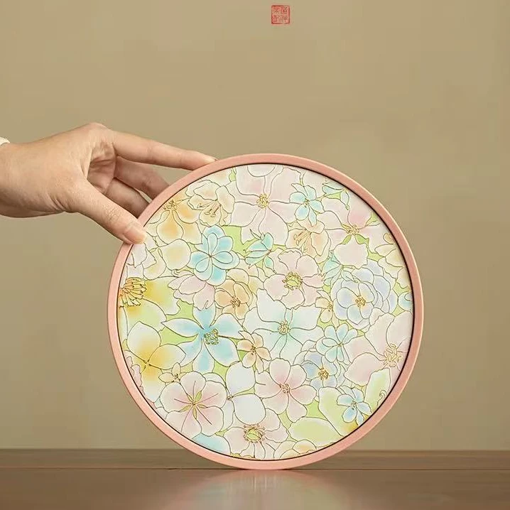 浮雕烫金牡丹万花茶盘吸水干泡盘家用茶盘办公圆形托盘壶承@948