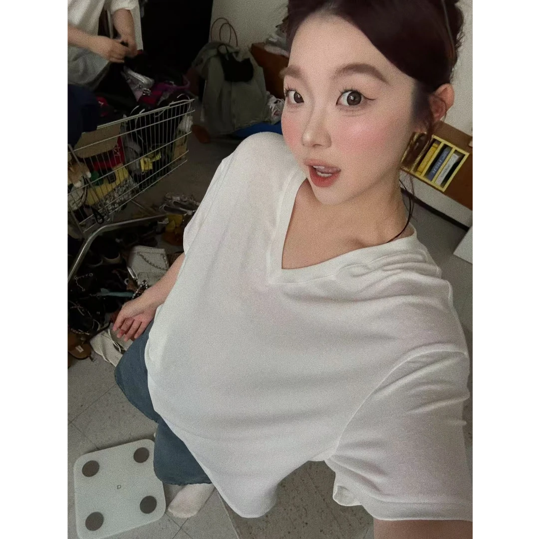 晶咕【亚麻T】慵懒感宽松V领纯色短袖T恤上衣