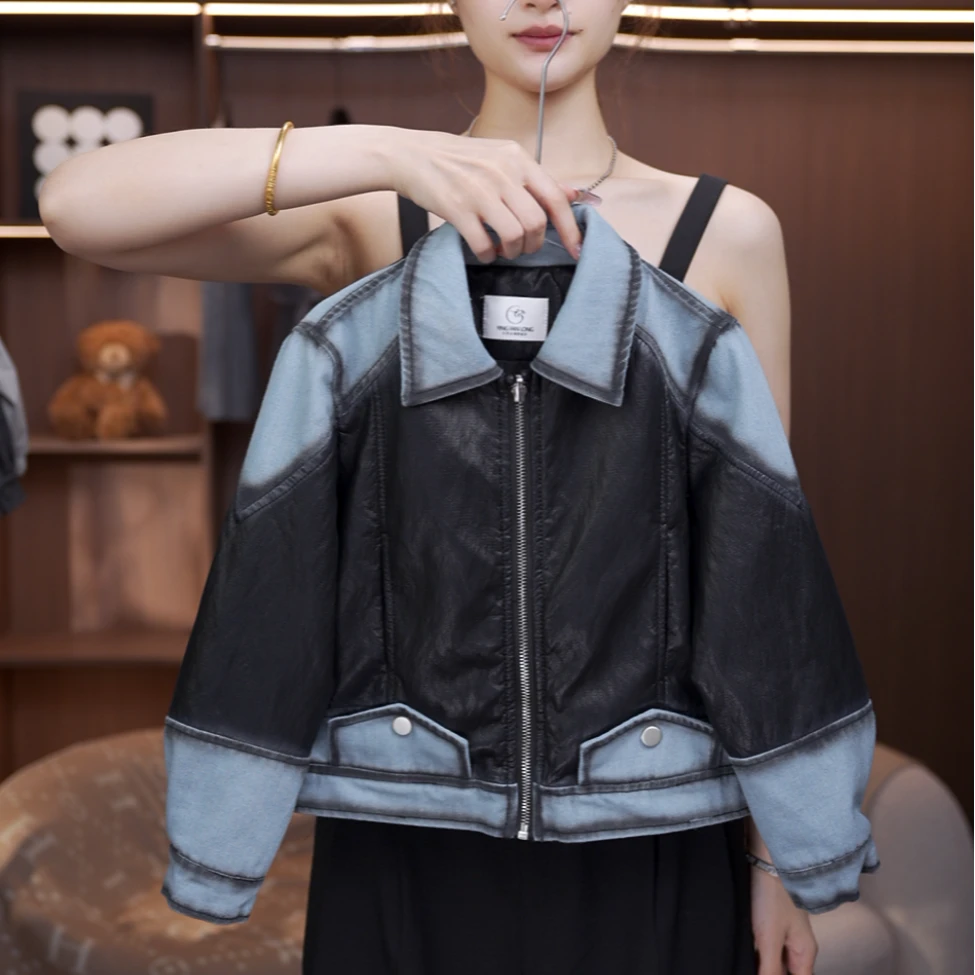 【有木】秋季新品女童皮衣外套机车服拼色拼接短款设计款复古外套