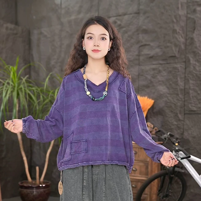 【纯棉条纹】女装长袖上衣复古条纹百搭宽松T恤V领打底衫LL-Q852T
