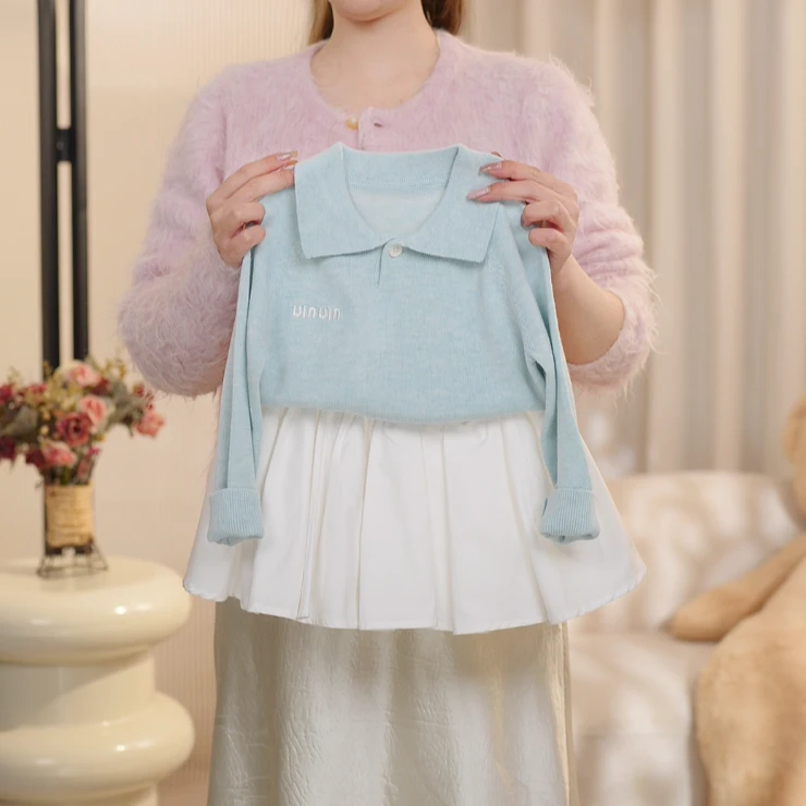 2025春季新款儿童韩系套装 女童翻领针织衫+女宝百搭百褶裙两件套