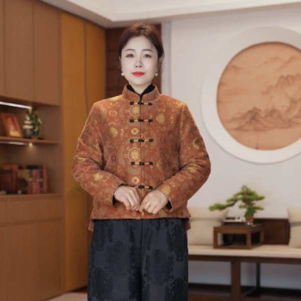 【红熹潮148福寿鎏金橙】秋冬百搭立体刺绣花雪尼尔保暖短款棉袄服