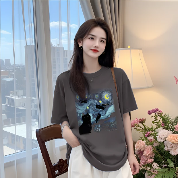 【梵高与猫】纯棉宽松短袖T恤印花圆领时尚休闲百搭上衣