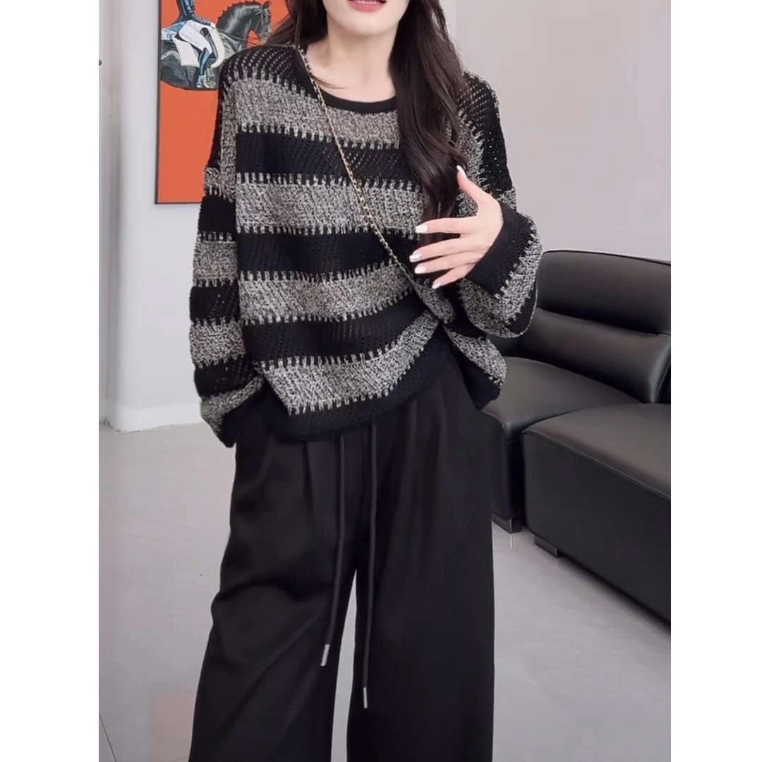 设计感撞色条纹圆领长袖毛衣女2025早秋新款落肩百搭休闲针织上衣