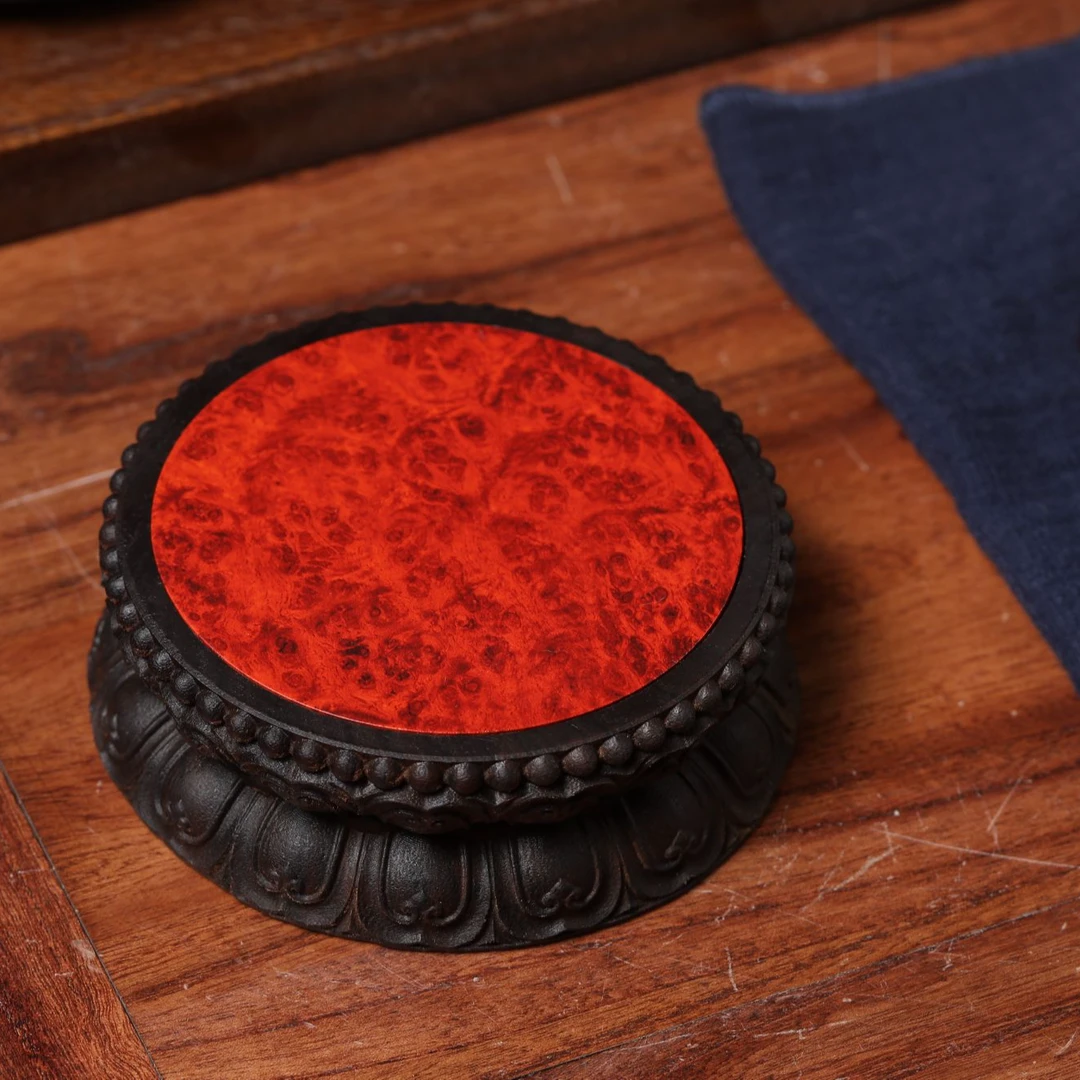 【莲花底座】紫光檀镶嵌瘤疤复古精工雕刻