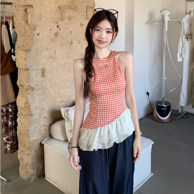新款小众修身辣妹格子上衣设计感不规则拼接无袖吊带背心女装夏季