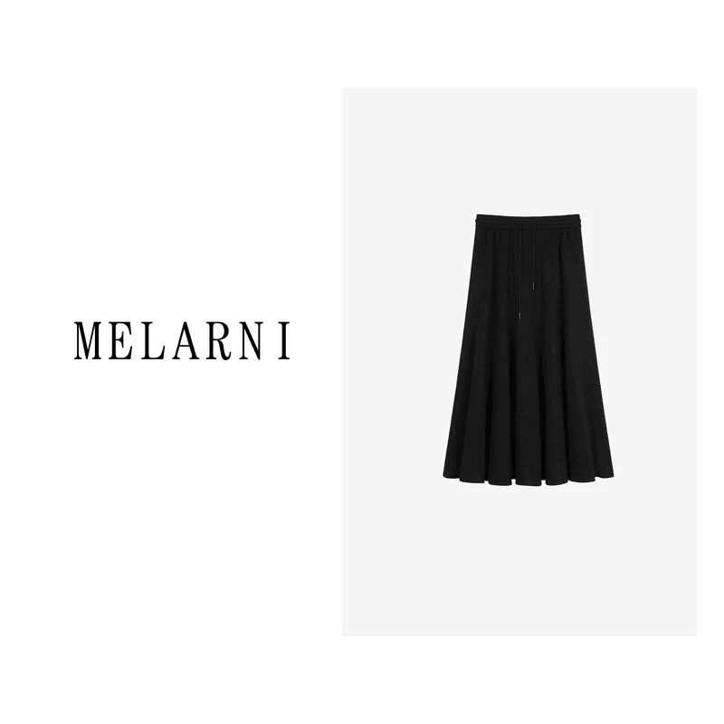 【MELARNI】简约舒适纯色百搭松紧腰系带半身裙MLN10486