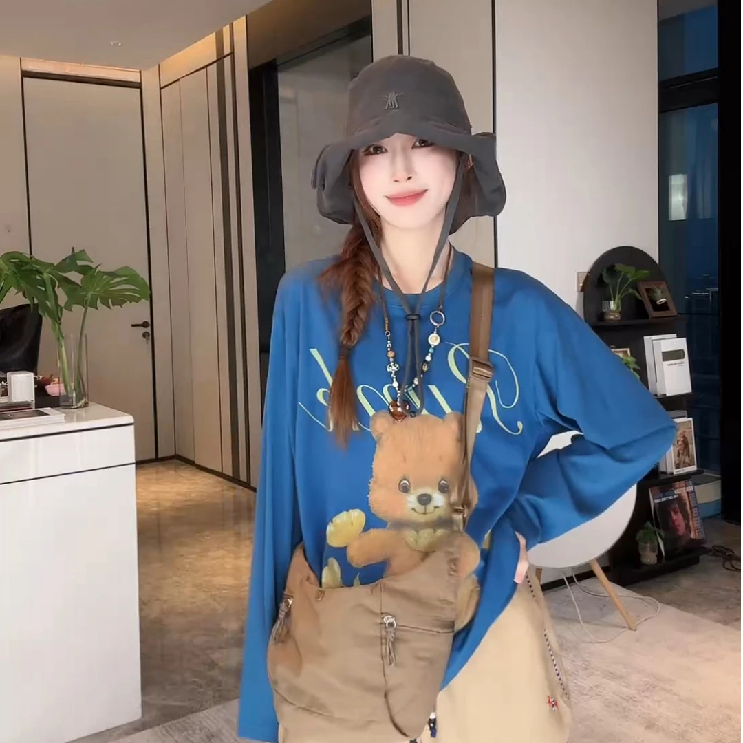 PCNY「黄花小熊」不理理秋季新款小众女装百搭圆领时尚印花长袖t恤