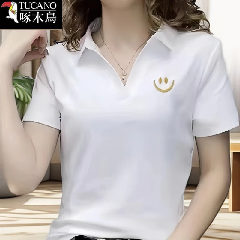 啄木鸟正品新款刺绣短袖T恤中年女士翻领2025年夏季纯色通勤上衣