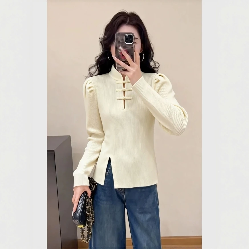 白色立领盘扣显瘦内搭针织衫女2025新款绝美新中式国风长袖打底衫