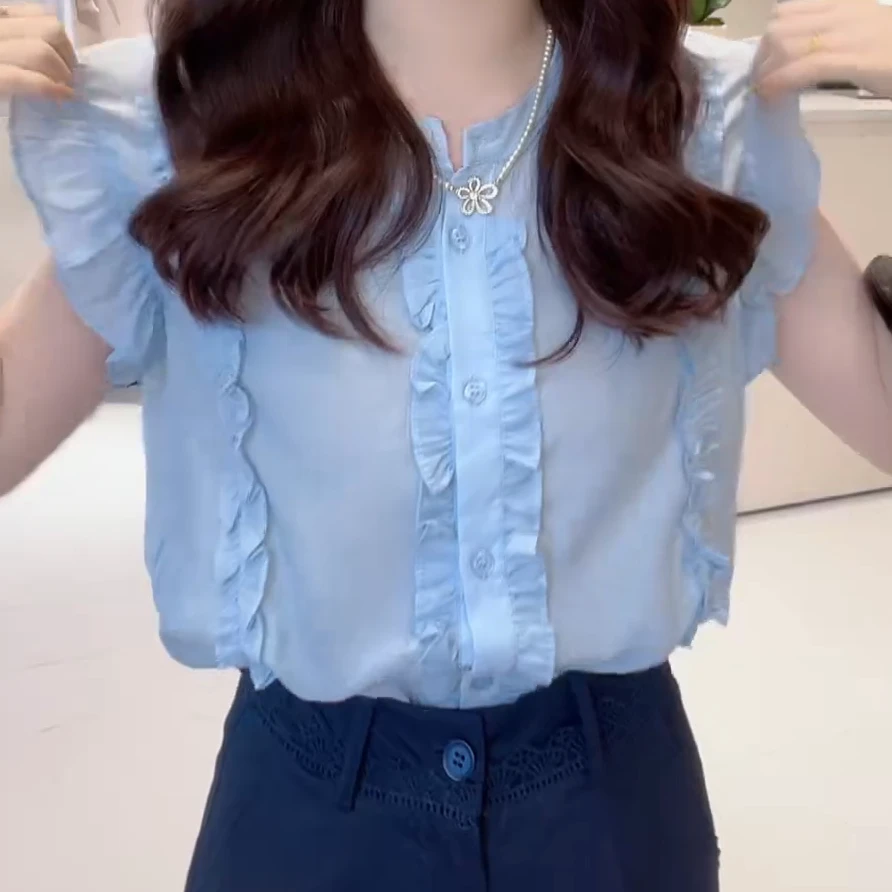 【清清浮力】 木耳边排扣减龄小衫韩版时尚透气C5203
