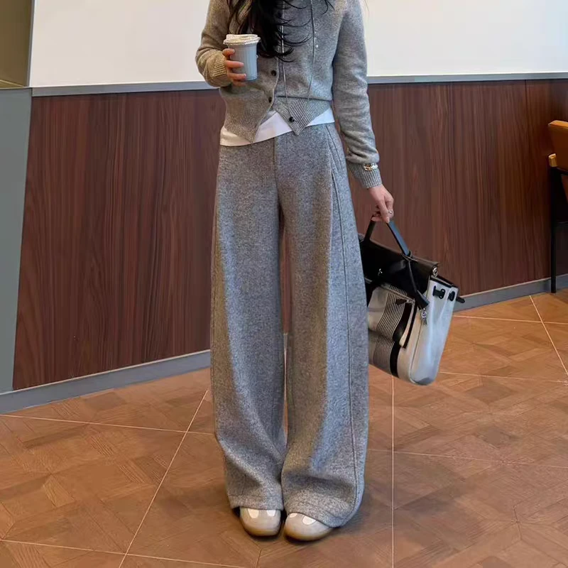 郑州女裤特价灰冬季新款加绒加厚羊毛阔腿裤高腰显瘦休闲直筒女裤