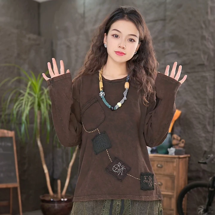 LL长袖T恤宽松女装2025秋季新款做旧百搭纯棉上衣-一串3福字