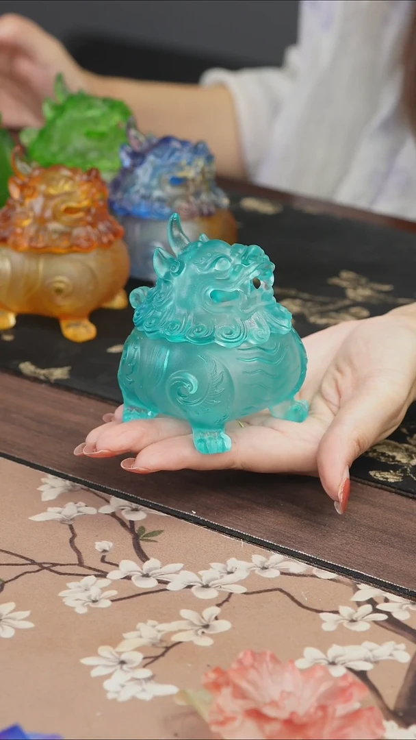 手工艺品琉璃湖蓝色狻猊香炉小号