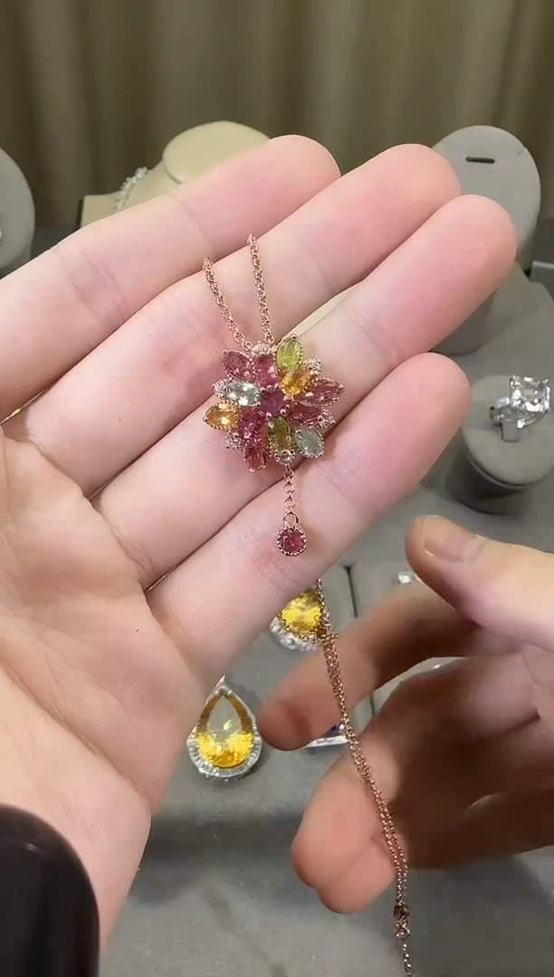 颈饰银S925镶嵌碧玺18mm吊坠繁花设计款多样性发一