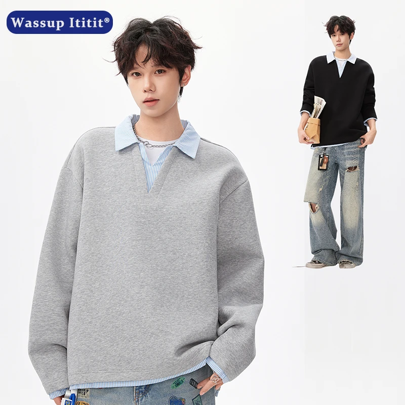 WASSUP ITITIT秋季新款假两件翻领POLO衫卫衣男美式简约百搭男士