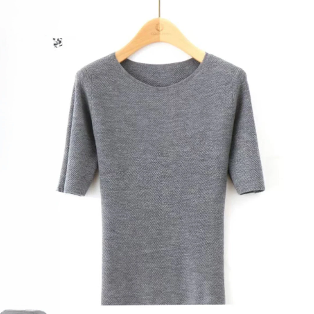 【一字肩人字T】鱼骨纹纯色中袖针织衫上衣女打底