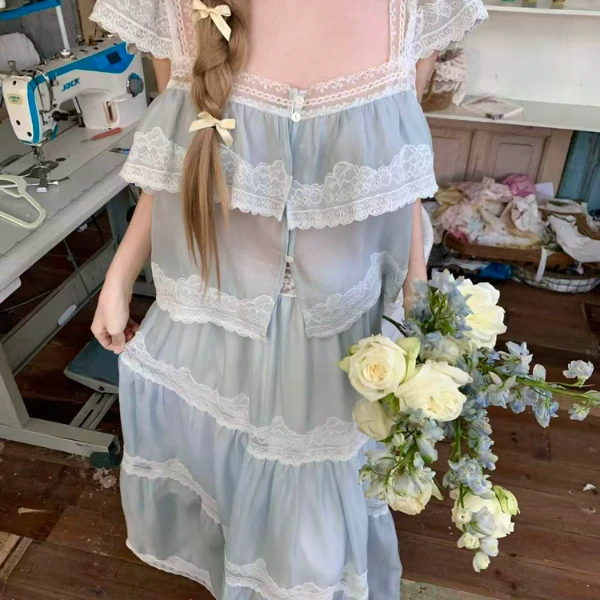 【咨询享优惠】原创手工缝纫 果冻海 蓝色蕾丝短袖上衣半裙套装