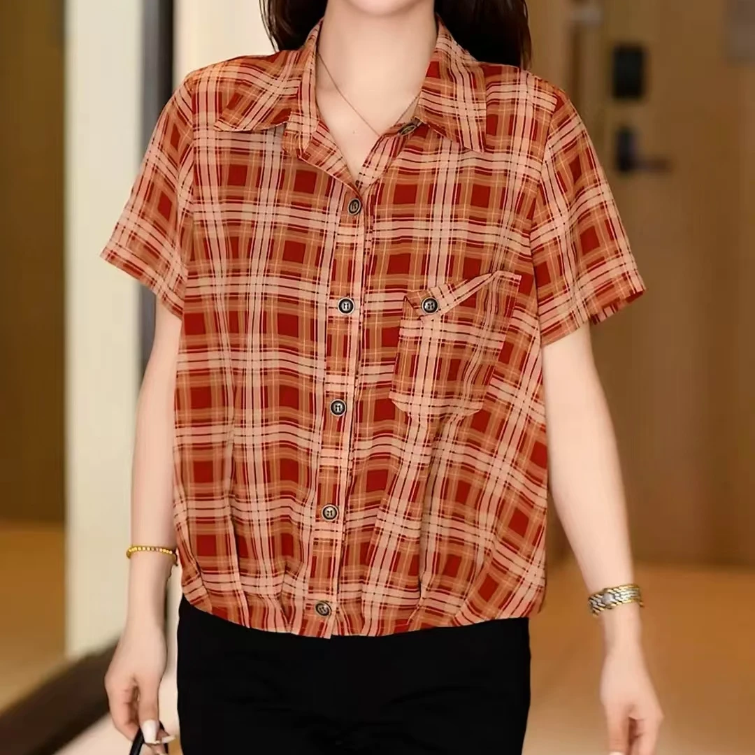 2025夏新款时尚洋气格子衬衫宽松遮肚子显瘦百搭短款上衣8803长55