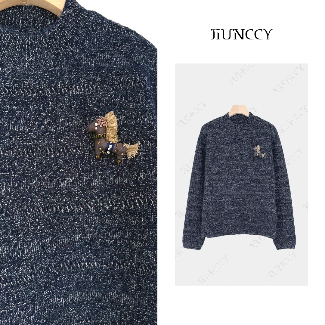 JIUNCCY【瑶马】山羊绒羊毛混纺珠片花纱手工小马装饰毛衣 52YZZ213