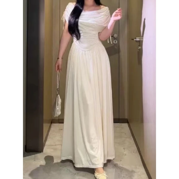 【李大饼】一字肩连衣裙子女夏2025年新款穿搭气质收腰长裙套装9986
