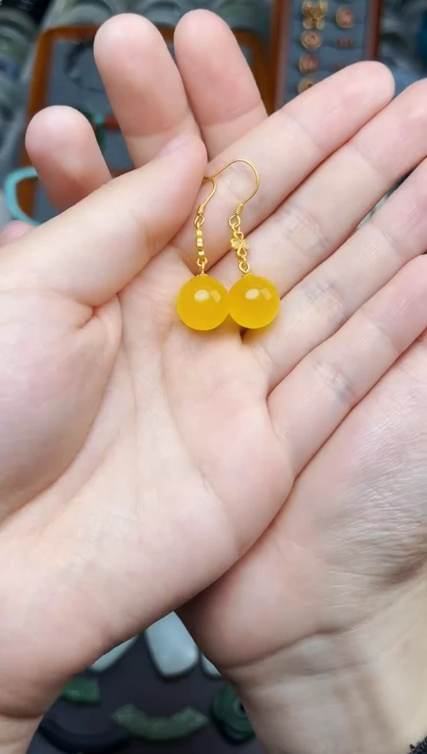 蜜蜡银S925镶嵌耳饰圆珠耳钩06