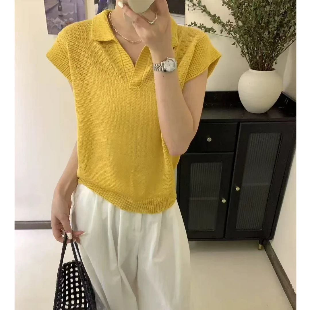 LB有运费补贴~黄色V领时尚休闲复古镂空和纸纱上衣