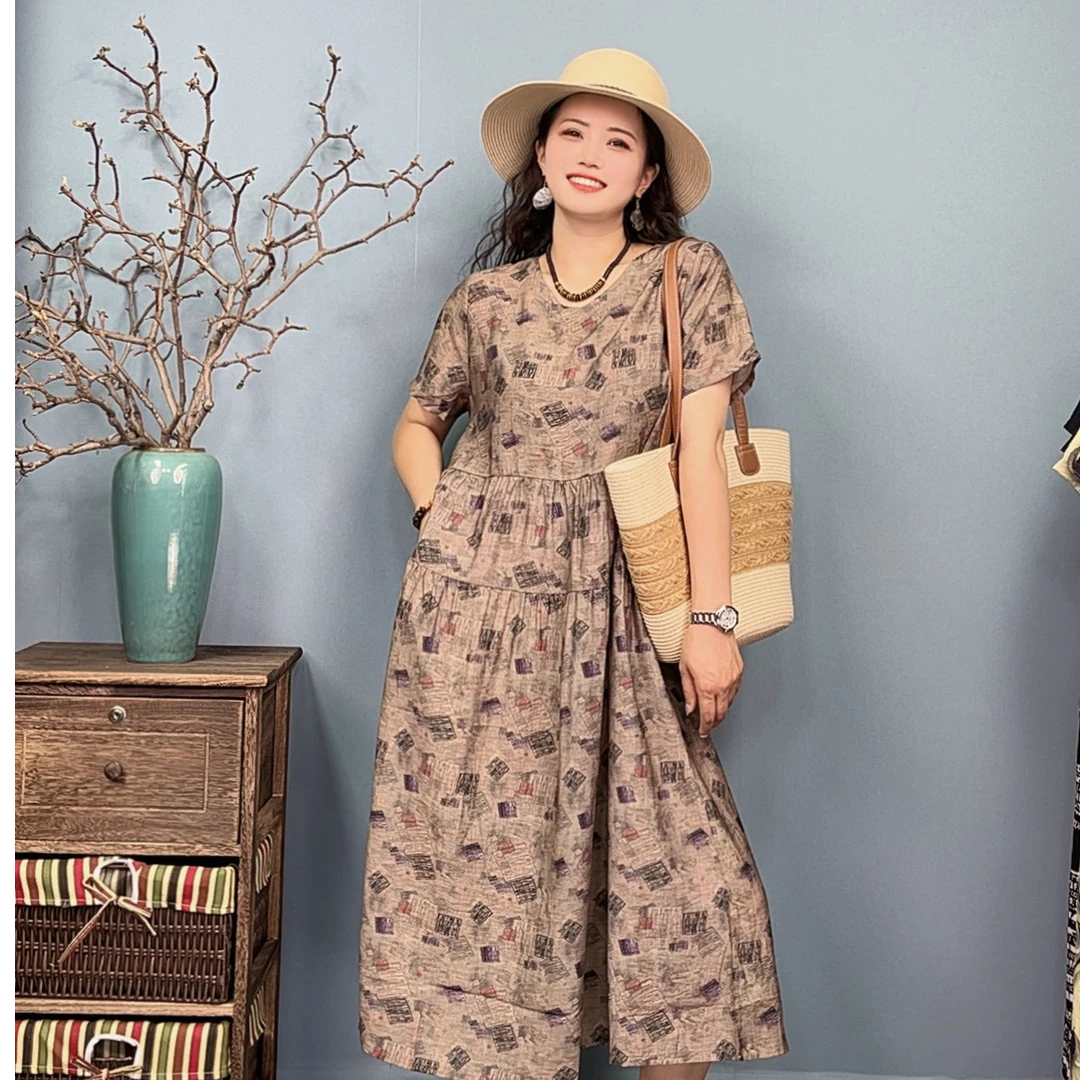 25058夏季新款宽松大版休闲复古显瘦遮肉显白百搭V领透气连衣裙