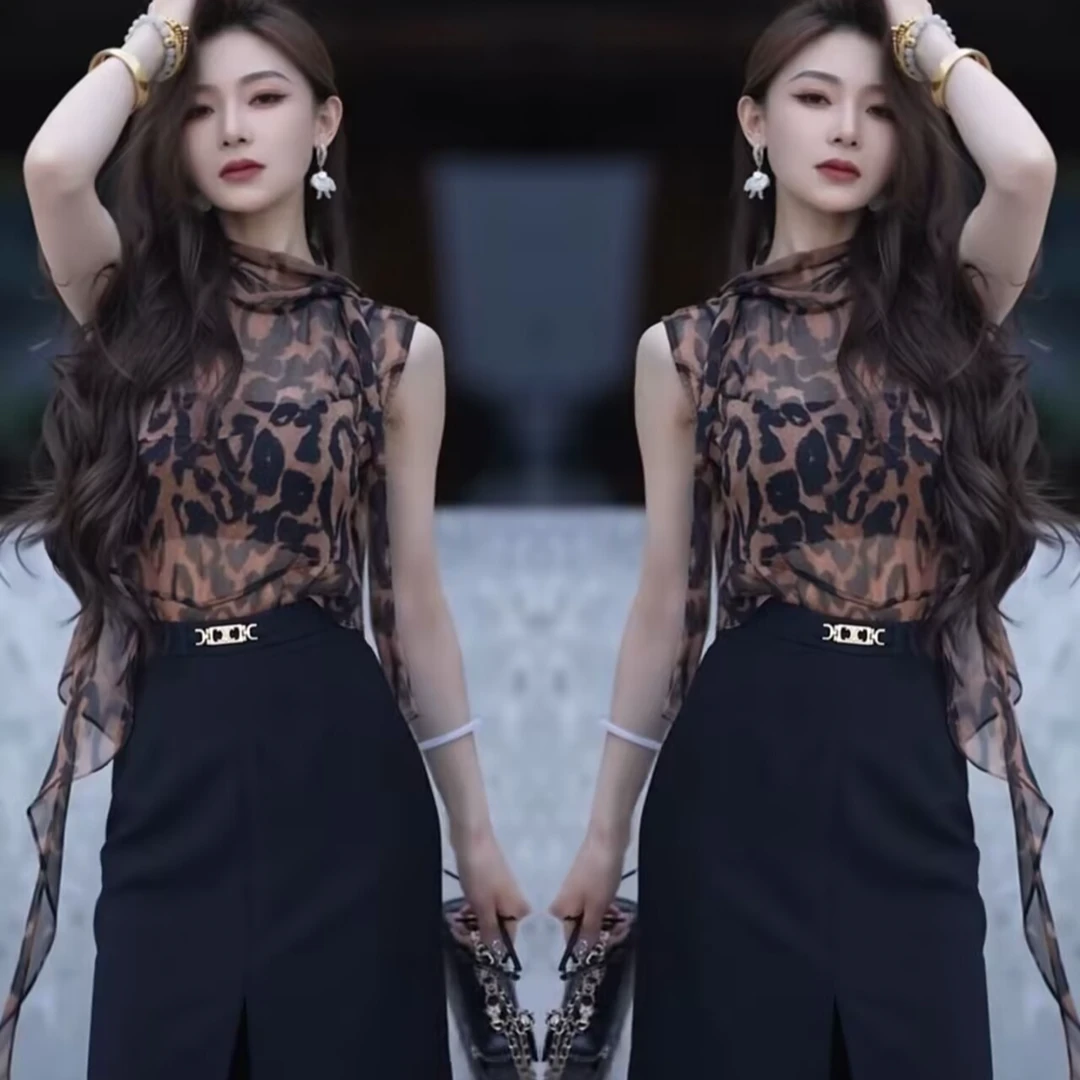 镂空包臀长袖轻职风豹纹显瘦春夏时尚无袖衬衫百搭修身型