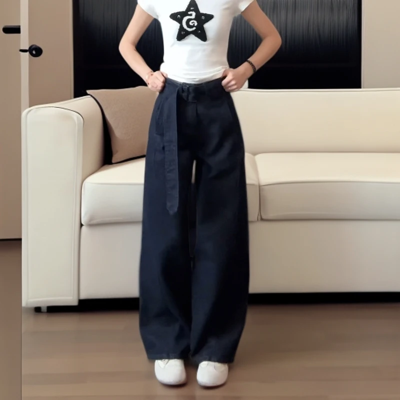 阔腿裤牛仔裤女款爆款2025新款正品裤子直筒裤高腰深蓝色小个子