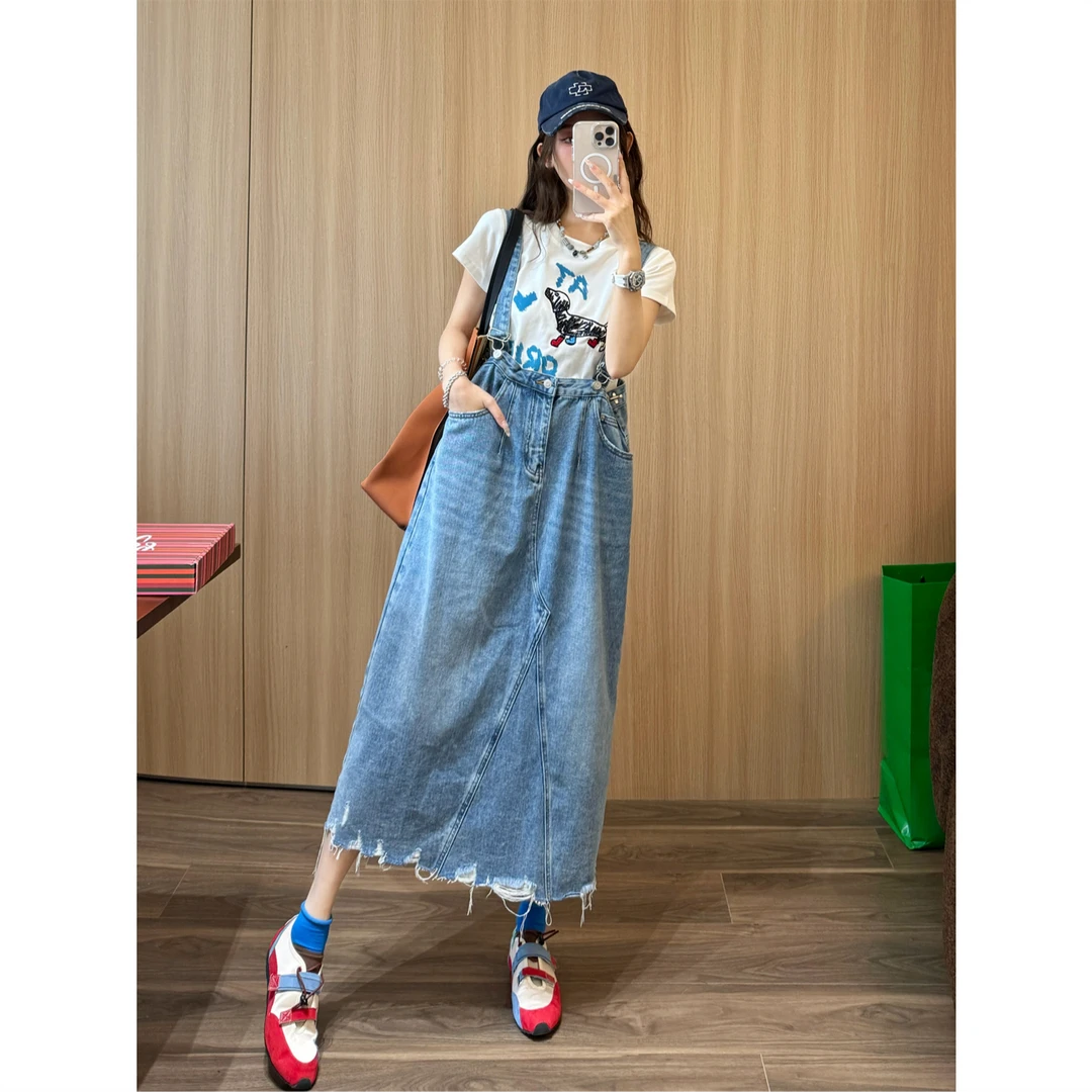 谢荞荞「海湾序曲」夏季新款小众设计拆洗毛边牛仔背带连衣裙