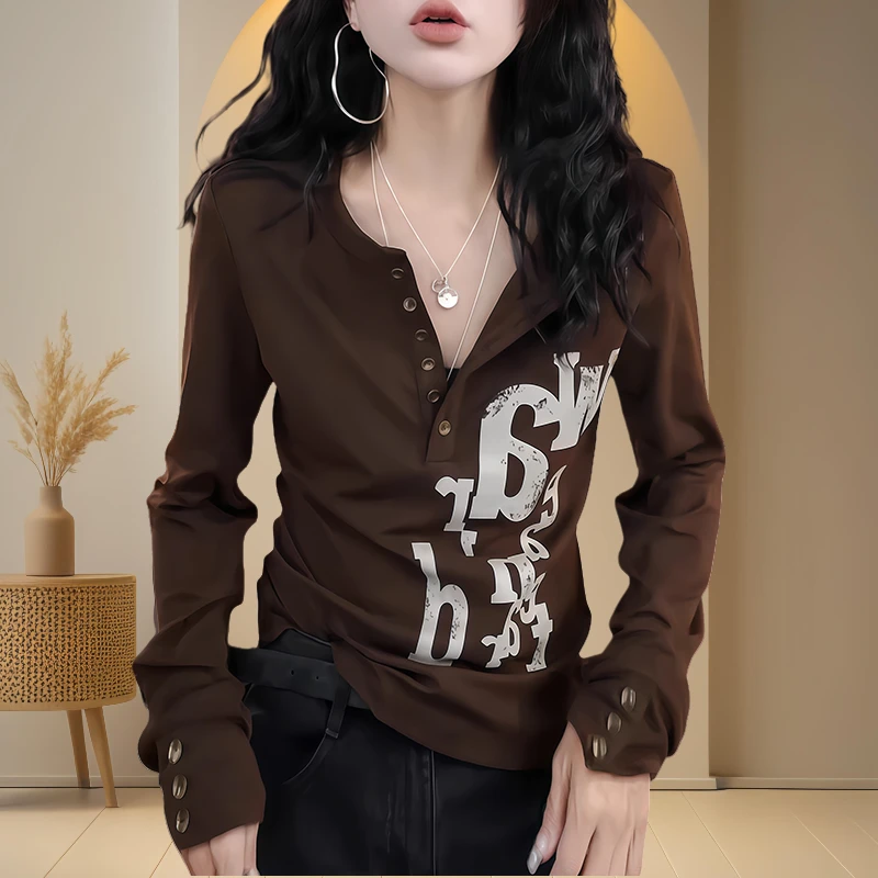 秋冬复古印花系带收腰v领长袖洋气韩版小众设计感修身时髦打底衫