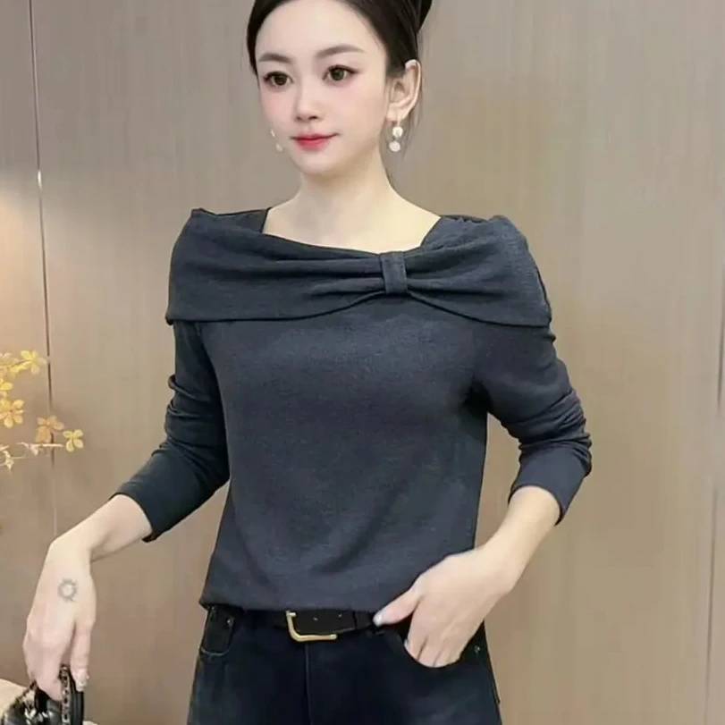 【9901】新品蝴蝶结一字肩修身洋气衣服上衣