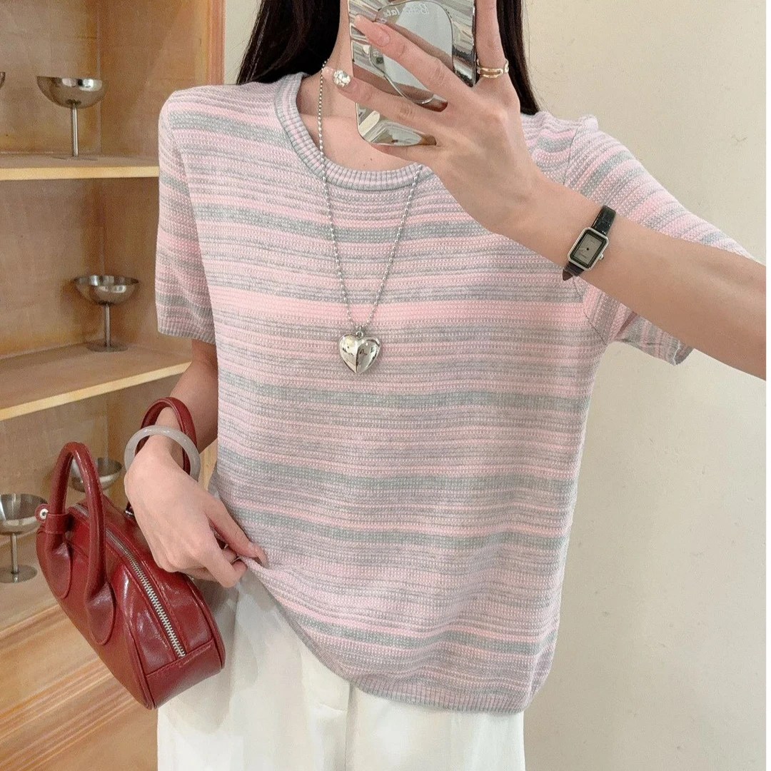 夏季女毛针织衫显瘦清爽条纹休闲针织衫夏季宽松上衣