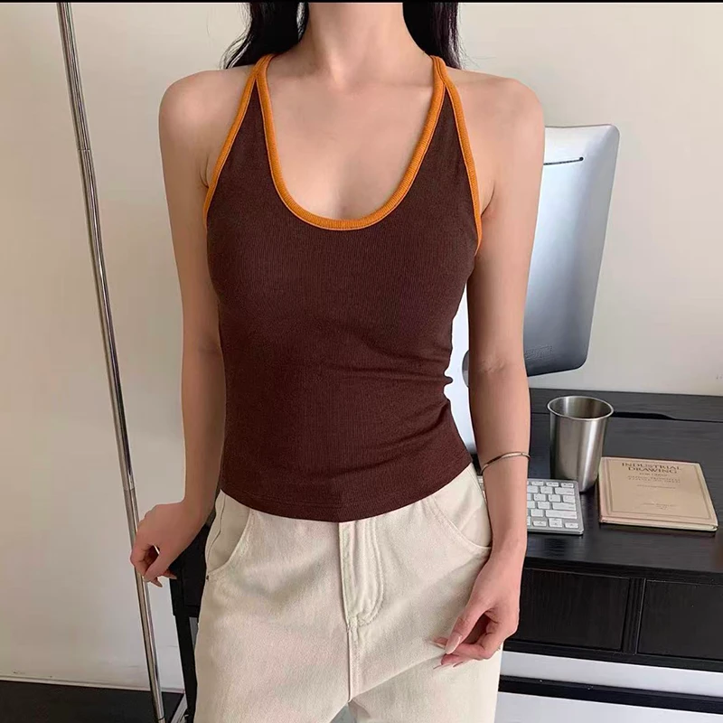 (衣兮撞色系U领螺纹背心)5870秋冬法式弹力挂脖内搭打底磨毛吊带W