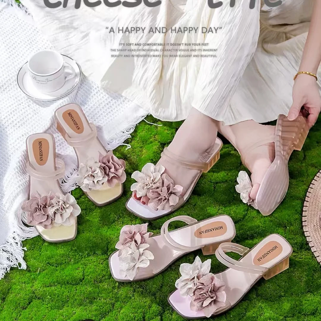 花朵高跟鞋前后绊带露趾厚底方跟一字带凉鞋粗跟高帮