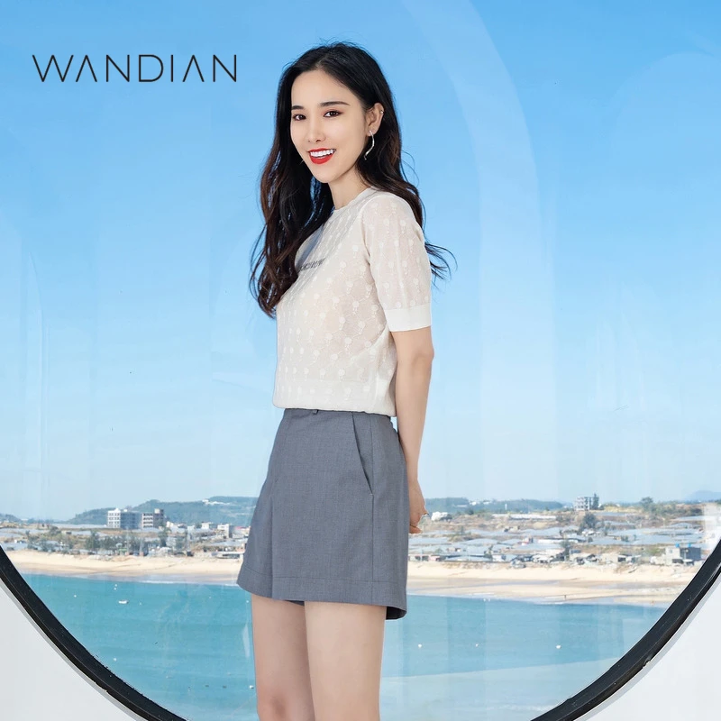 婉甸经典白毛织套头衫夏季女装优雅圆领宽松短袖1222W10RS4