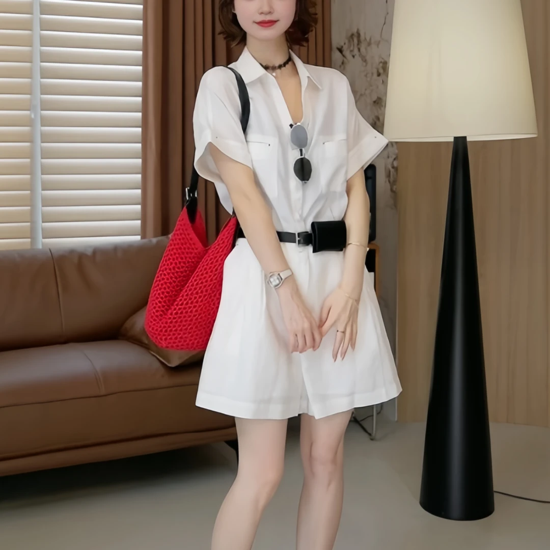 通勤显瘦翻领裙子女2025夏季大码胖MM时尚独特通勤休闲百搭连体裙